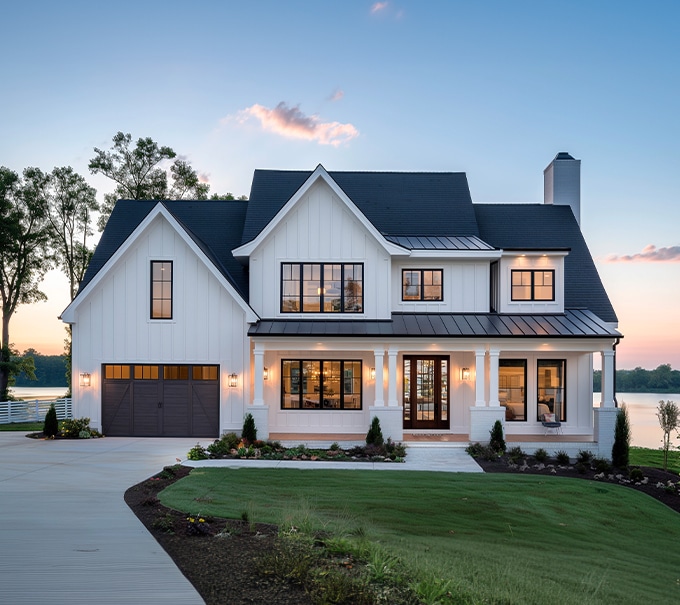 Modern farmhouse exterior with white composite wood board and batten cladding