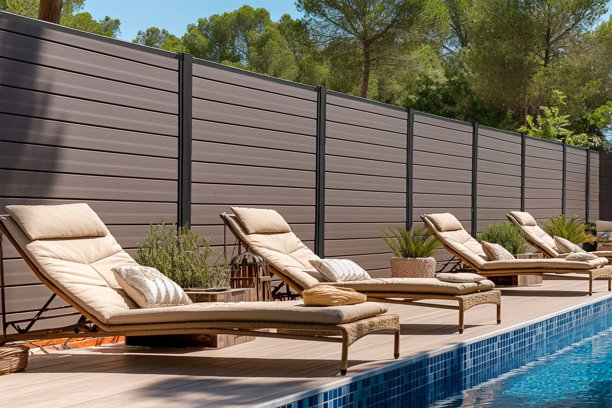 Fiberwood Super Privacy composite fences, offering privacy and durability in a modern garden